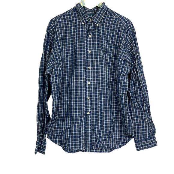 Ralph Lauren Linen Blend Button Up Shirt Mens XL Blue Plaid Classic Fit Long Slv - Picture 1 of 11